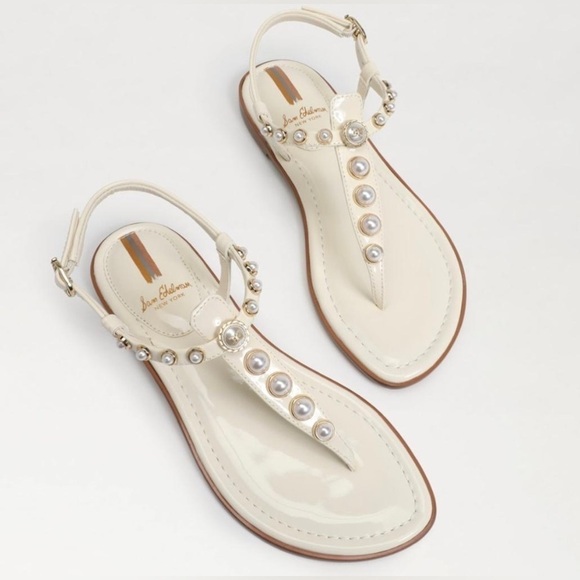 Sam Edelman Gigi Patent Pearl Embellished Thong T- Strap Sandals - NWT - Picture 1 of 11
